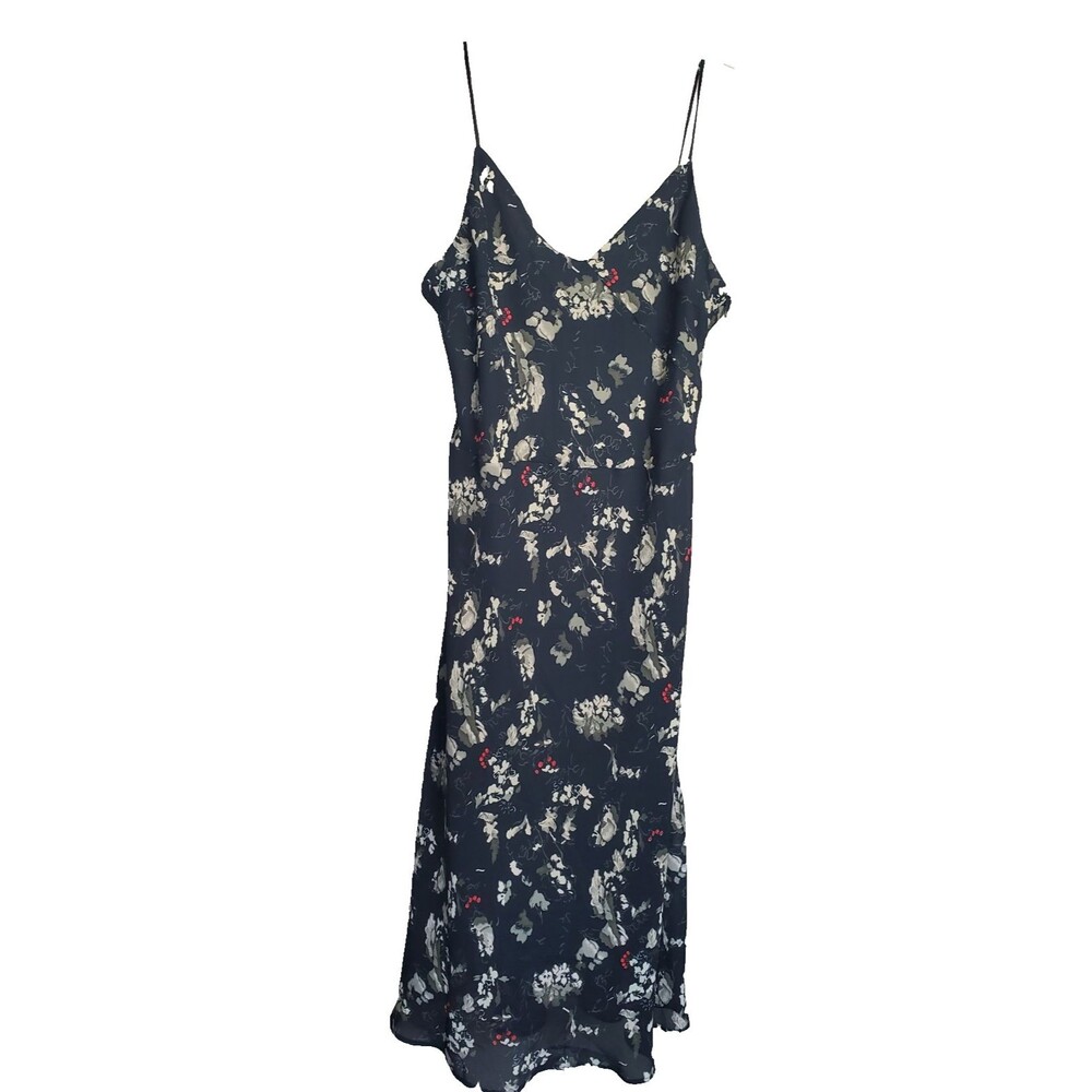 RAG Vintage Black Floral Spaghetti Strap Lined Midi Slip Dress Size 13/14 90s